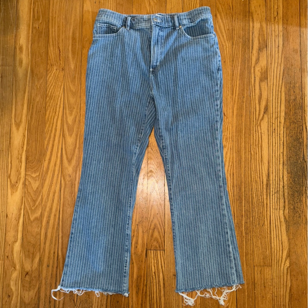 LOFT Blue Striped Flare Jeans - Picture 2 of 11